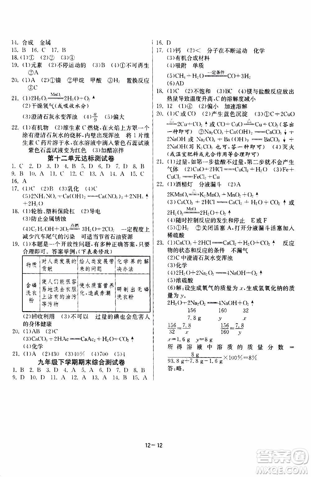 2020年課時訓(xùn)練九年級下冊化學RMJY人民教育版參考答案