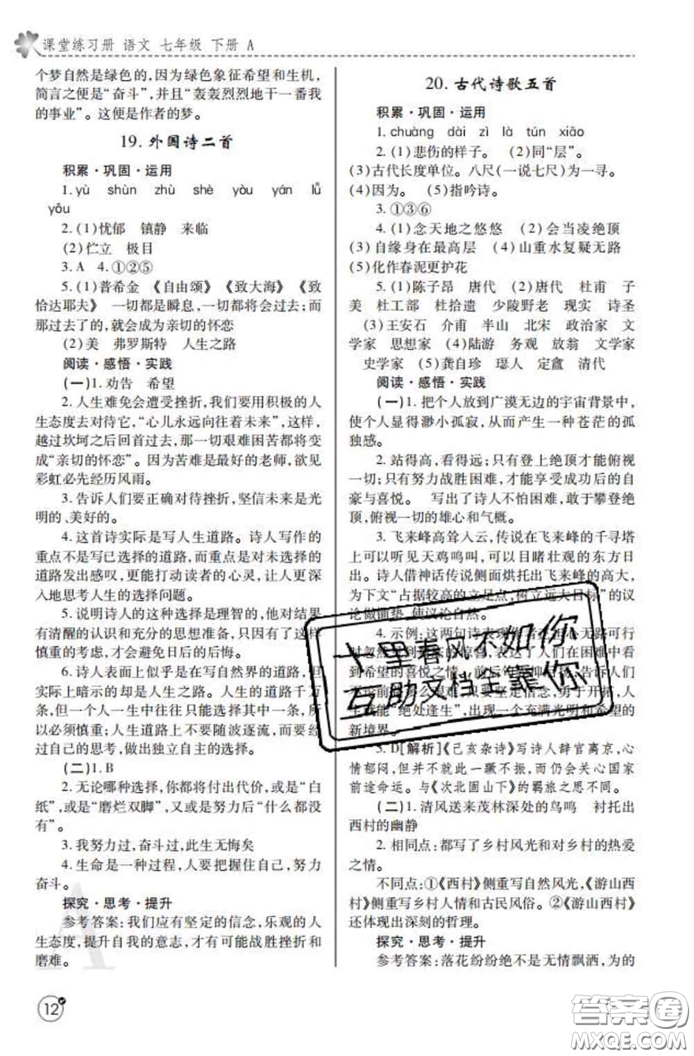 陜西師范大學(xué)出版社2020春課堂練習(xí)冊(cè)七年級(jí)語(yǔ)文下冊(cè)A版答案