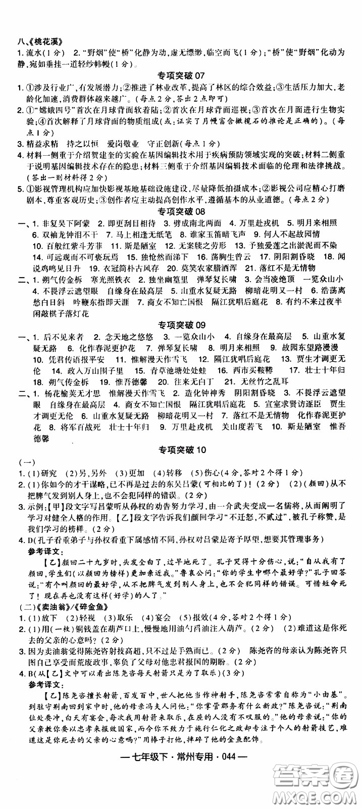 經(jīng)綸學(xué)典2020年學(xué)霸組合訓(xùn)練語(yǔ)文七年級(jí)下冊(cè)常州專用參考答案