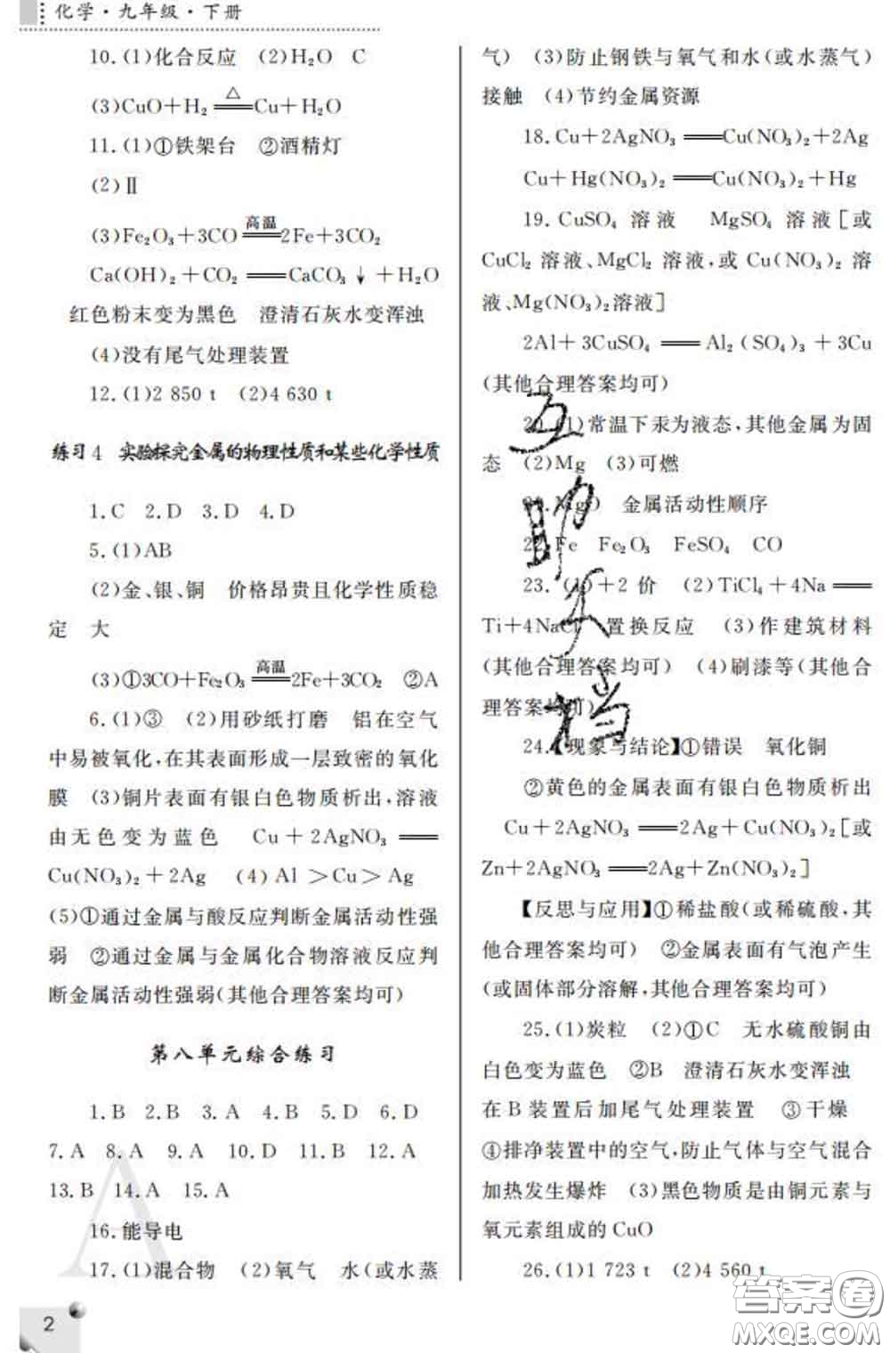 陜西師范大學出版社2020春課堂練習冊九年級化學下冊A版答案
