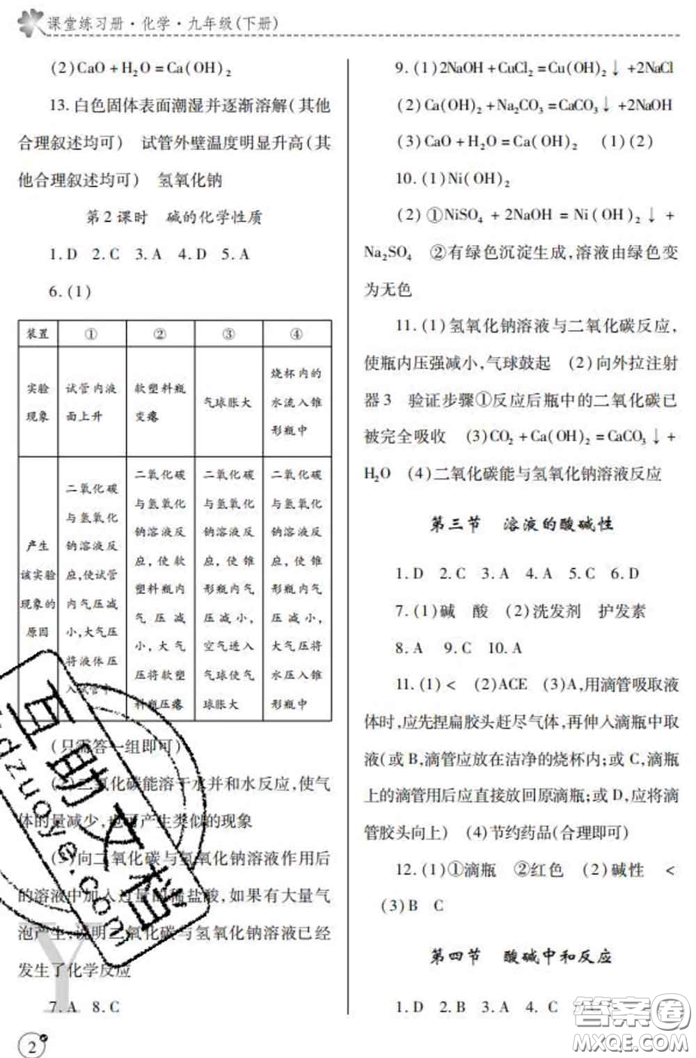 陜西師范大學出版社2020春課堂練習冊九年級化學下冊Y版答案