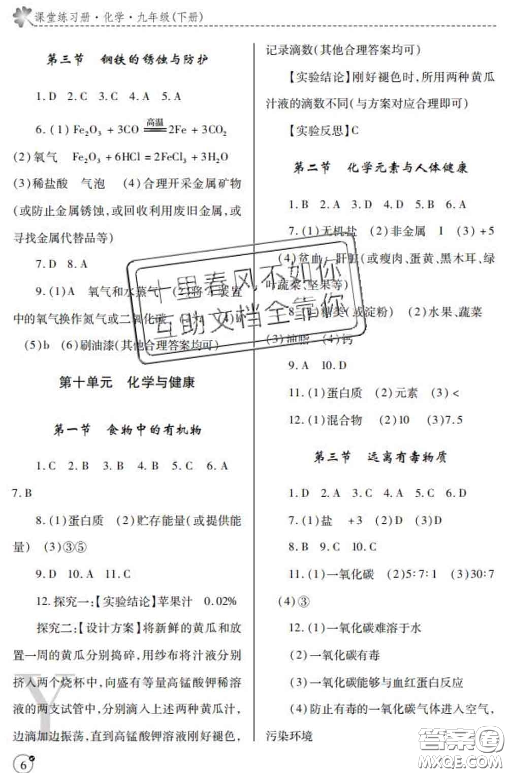 陜西師范大學出版社2020春課堂練習冊九年級化學下冊Y版答案