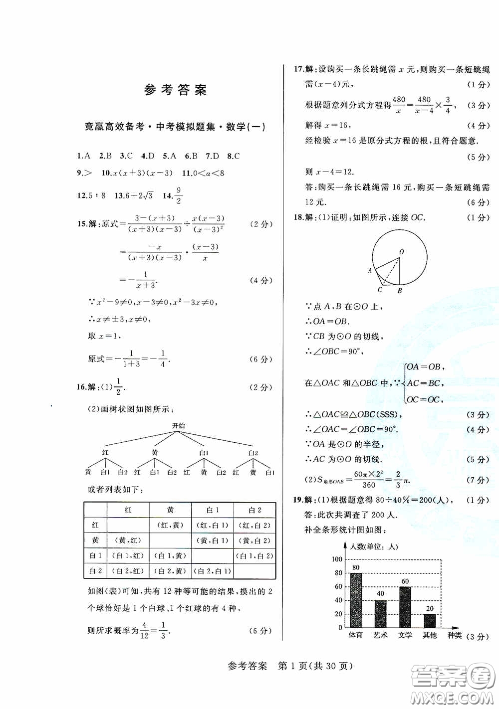 競贏高效備考2020中考模擬題集數(shù)學(xué)長春地區(qū)適用版答案
