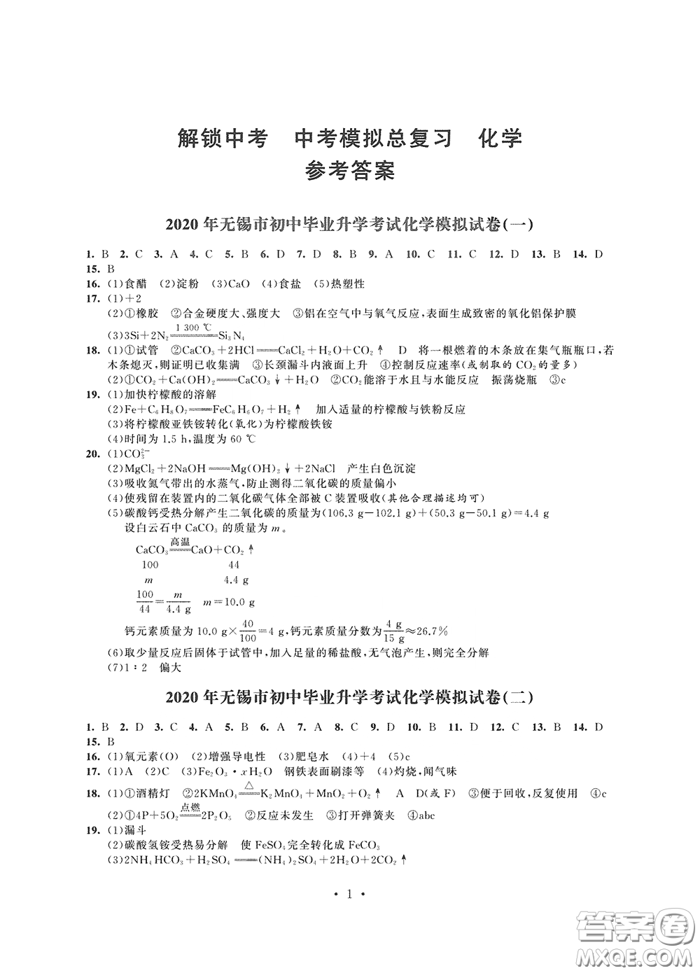 2020解鎖中考中考模擬總復習化學答案