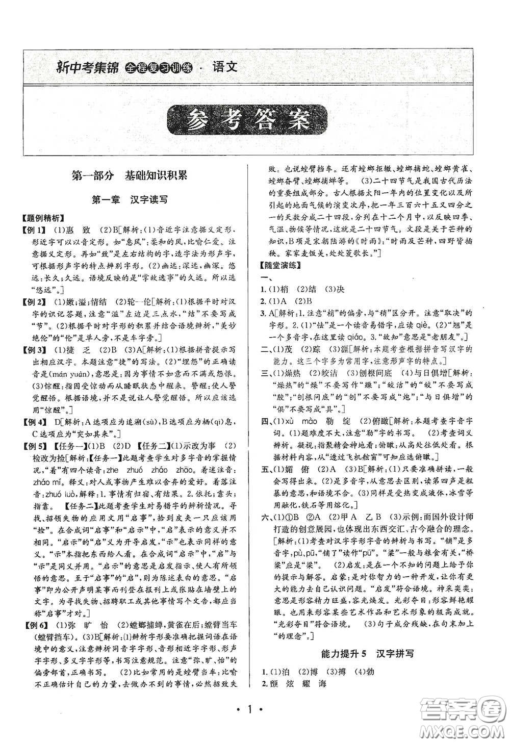 浙江人民出版社2020新中考集錦全程復(fù)習(xí)訓(xùn)練語文B本課后作業(yè)本答案