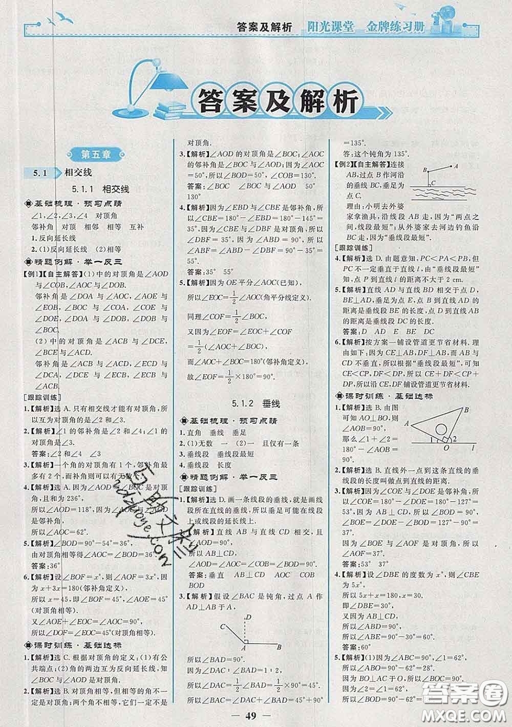 2020新版陽(yáng)光課堂金牌練習(xí)冊(cè)七年級(jí)數(shù)學(xué)下冊(cè)人教版答案
