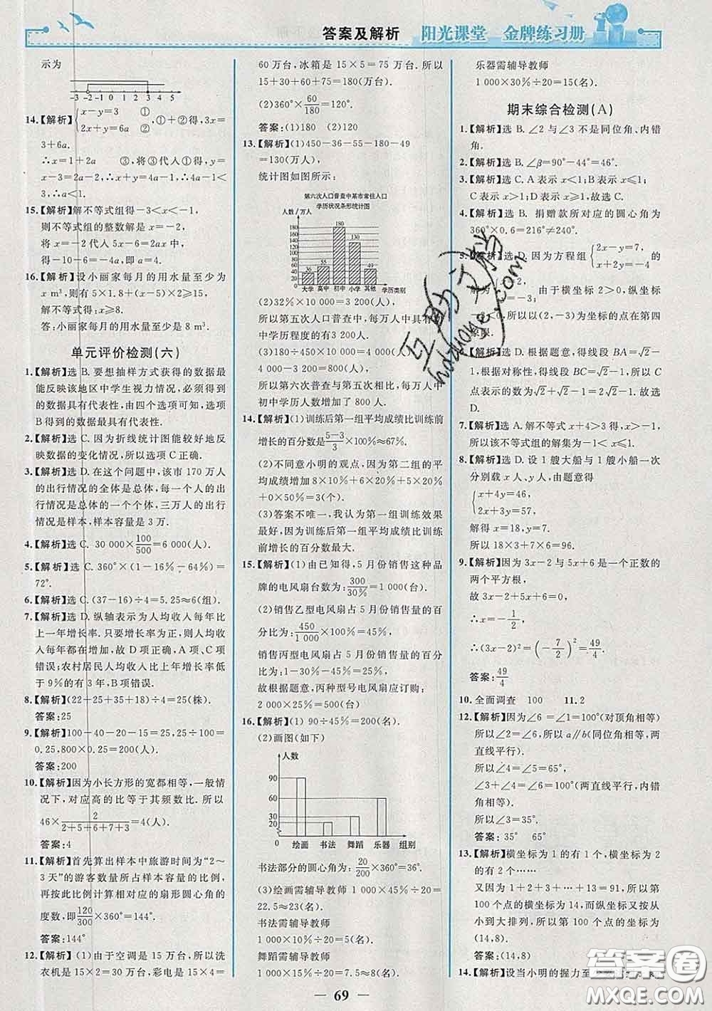 2020新版陽(yáng)光課堂金牌練習(xí)冊(cè)七年級(jí)數(shù)學(xué)下冊(cè)人教版答案
