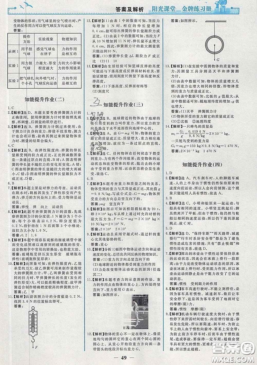 2020新版陽(yáng)光課堂金牌練習(xí)冊(cè)八年級(jí)物理下冊(cè)人教版答案