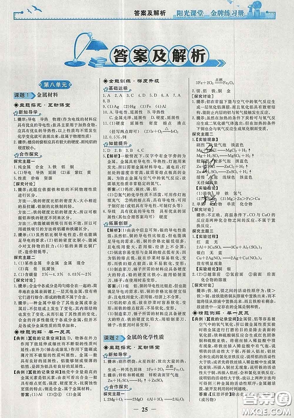 2020新版陽(yáng)光課堂金牌練習(xí)冊(cè)九年級(jí)化學(xué)下冊(cè)人教版答案