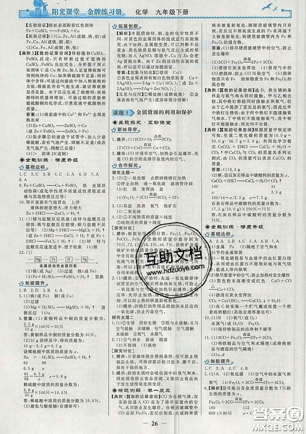 2020新版陽(yáng)光課堂金牌練習(xí)冊(cè)九年級(jí)化學(xué)下冊(cè)人教版答案