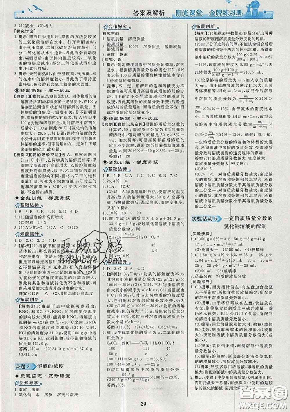 2020新版陽(yáng)光課堂金牌練習(xí)冊(cè)九年級(jí)化學(xué)下冊(cè)人教版答案