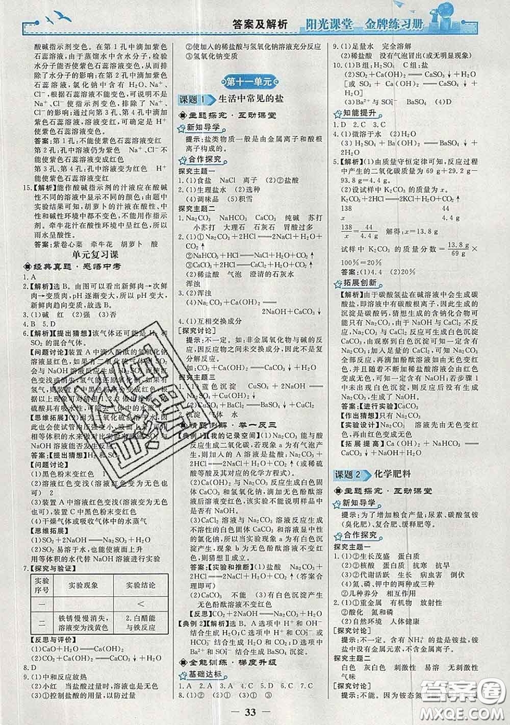 2020新版陽(yáng)光課堂金牌練習(xí)冊(cè)九年級(jí)化學(xué)下冊(cè)人教版答案