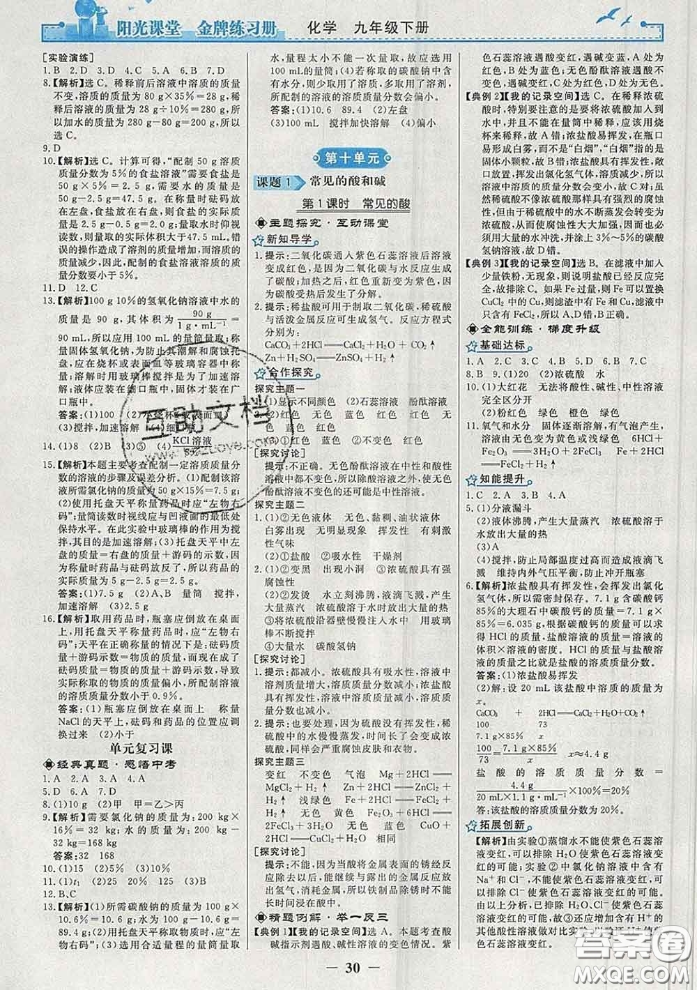 2020新版陽(yáng)光課堂金牌練習(xí)冊(cè)九年級(jí)化學(xué)下冊(cè)人教版答案