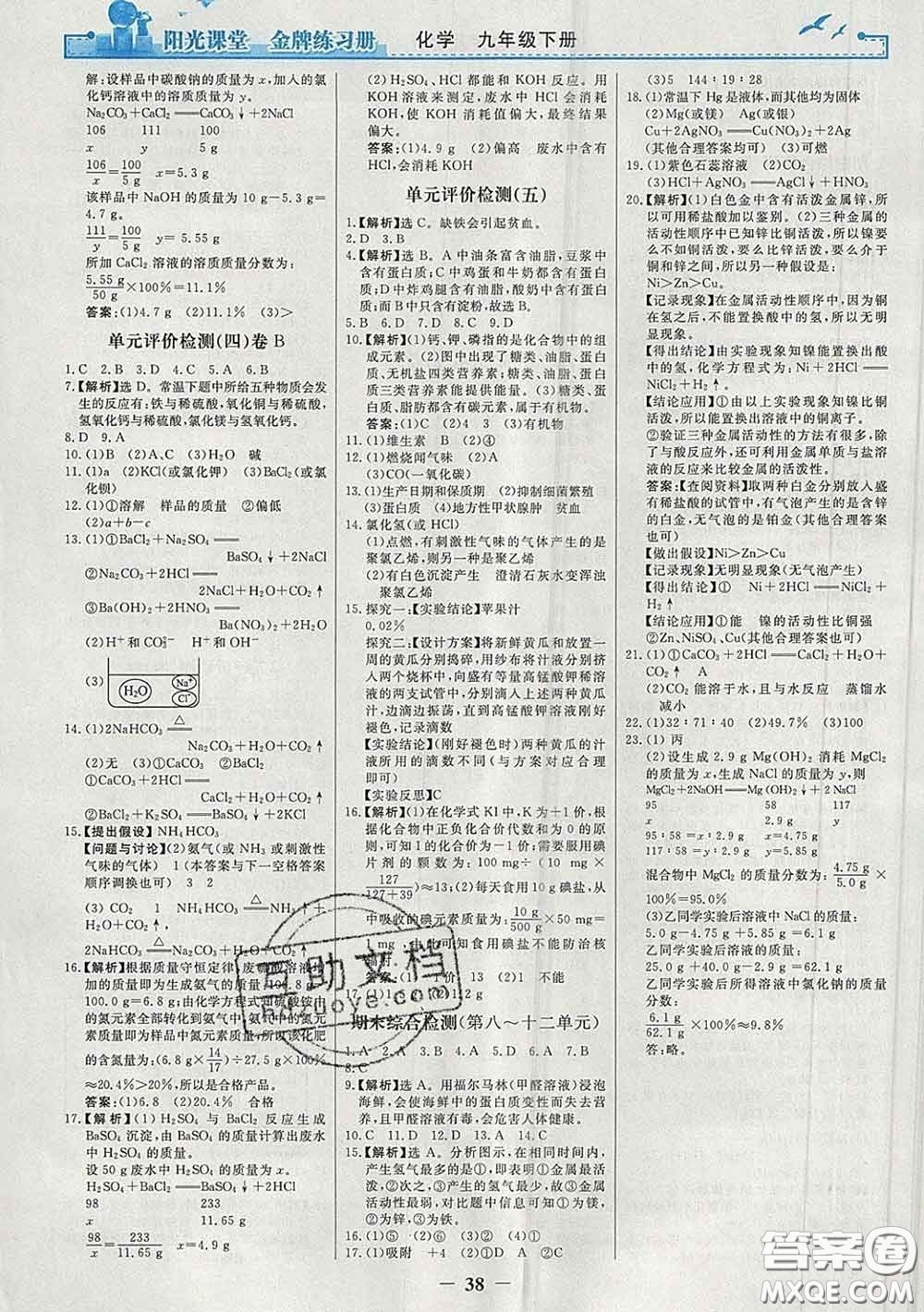 2020新版陽(yáng)光課堂金牌練習(xí)冊(cè)九年級(jí)化學(xué)下冊(cè)人教版答案