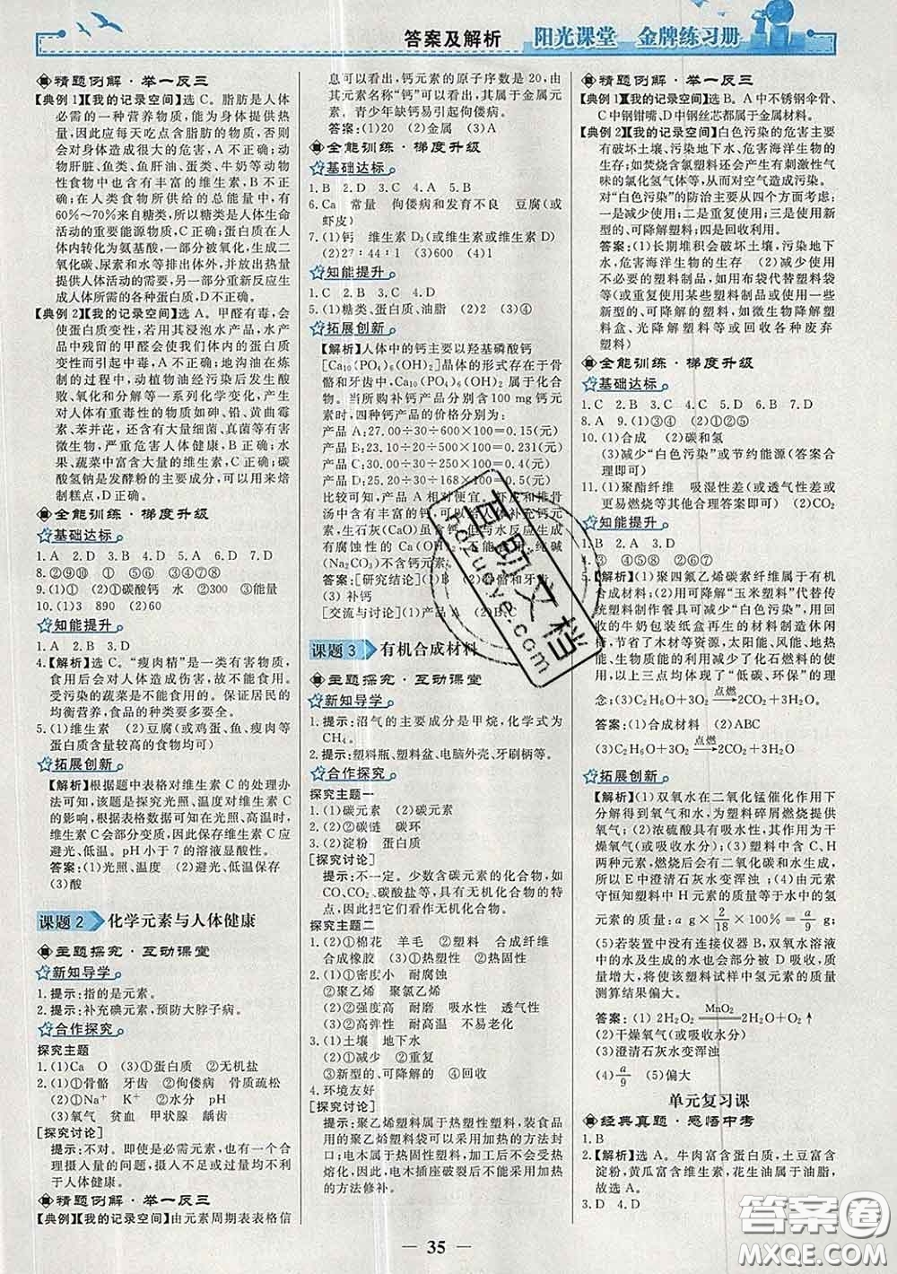 2020新版陽(yáng)光課堂金牌練習(xí)冊(cè)九年級(jí)化學(xué)下冊(cè)人教版答案