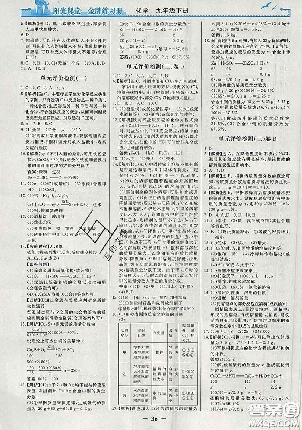 2020新版陽(yáng)光課堂金牌練習(xí)冊(cè)九年級(jí)化學(xué)下冊(cè)人教版答案
