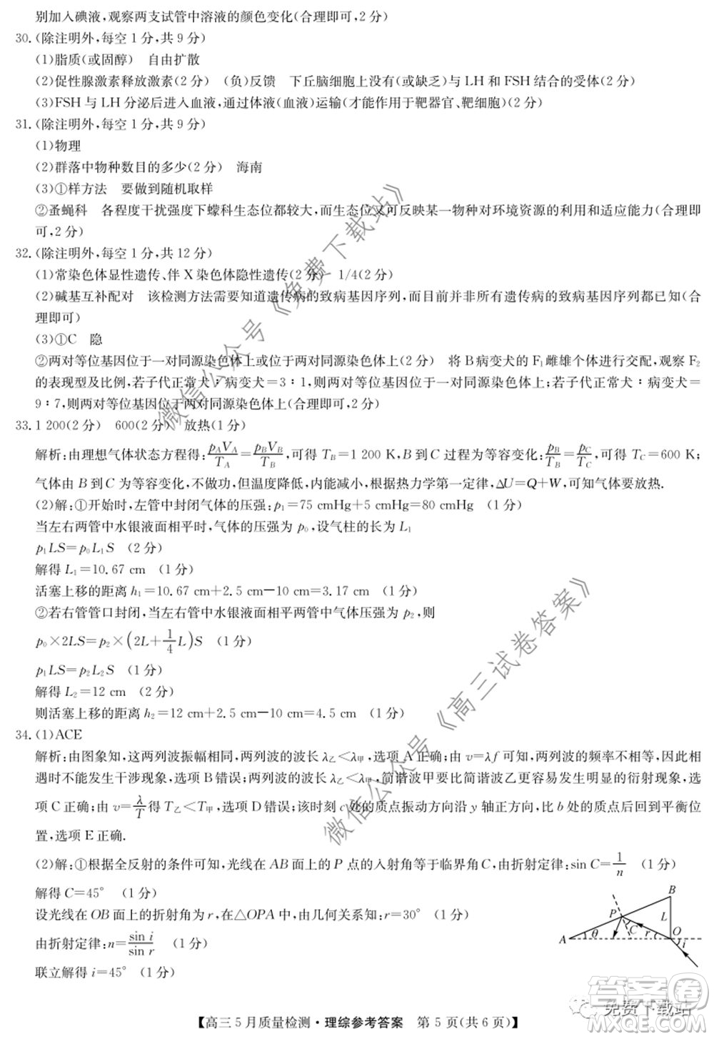 九師聯(lián)盟2019-2020學(xué)年高三5月質(zhì)量檢測理科綜合答案