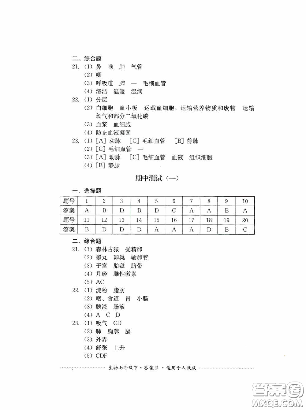 四川教育出版社2020課程標(biāo)準(zhǔn)初中單元測試生物七年級下冊人教版答案