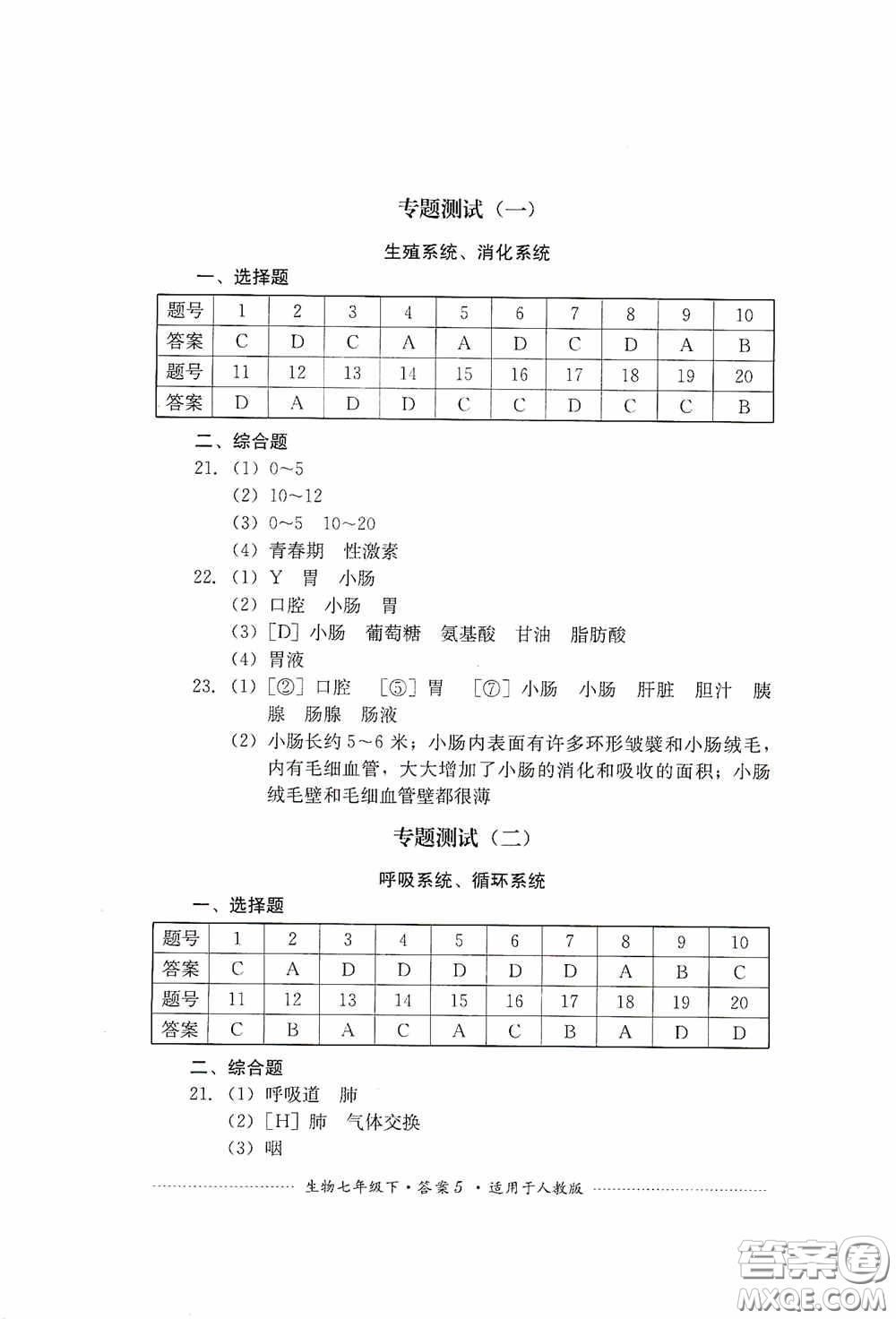 四川教育出版社2020課程標(biāo)準(zhǔn)初中單元測試生物七年級下冊人教版答案