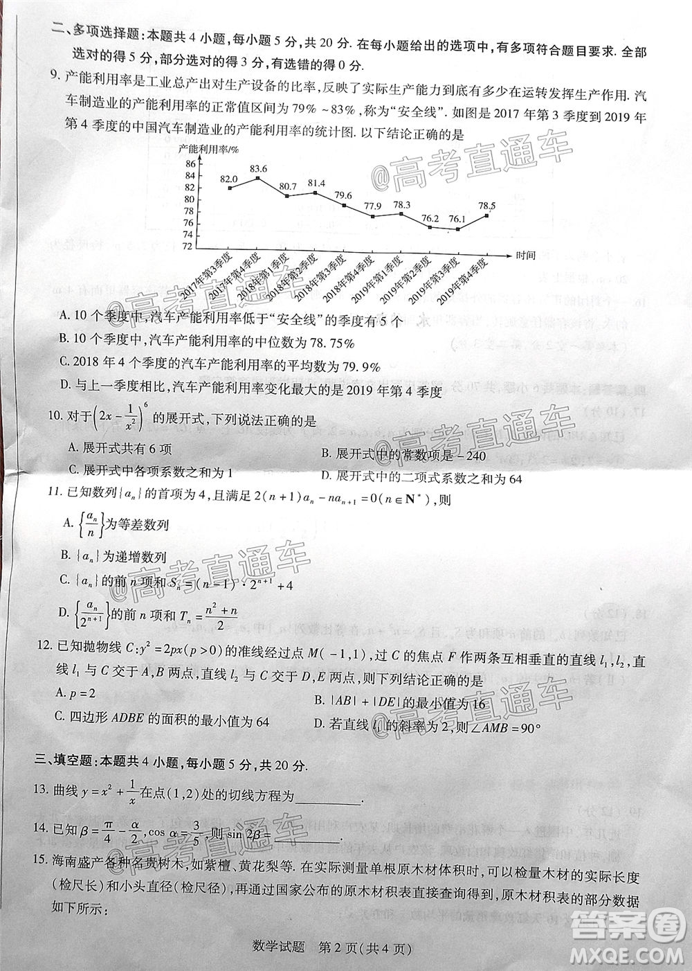 天一大聯(lián)考2019-2020學(xué)年海南省高三年級(jí)第四次模擬考試數(shù)學(xué)試題及答案