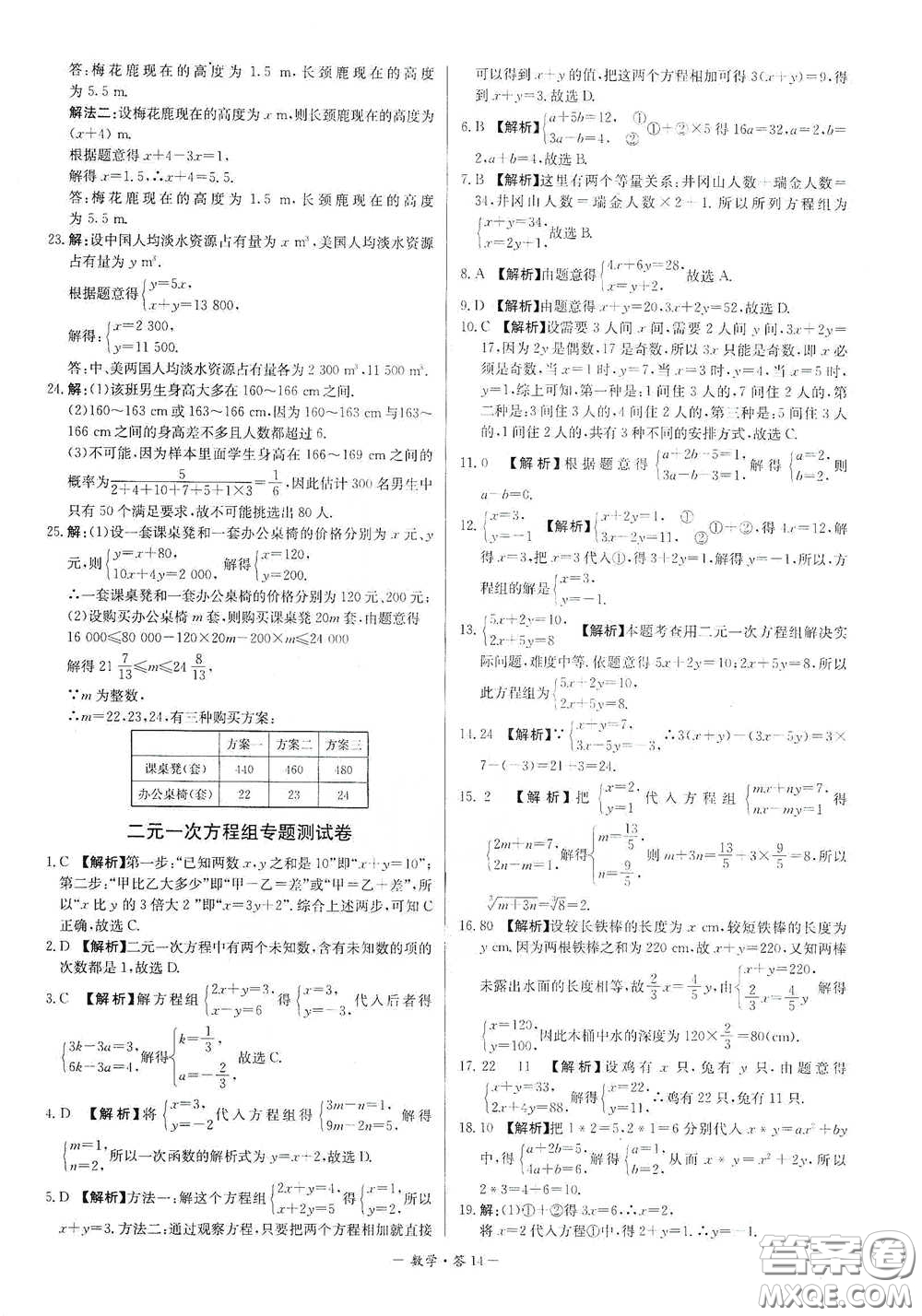 西藏人民出版社2020天利38套對接中考單元專題雙測卷七年級(jí)數(shù)學(xué)下冊人教版答案