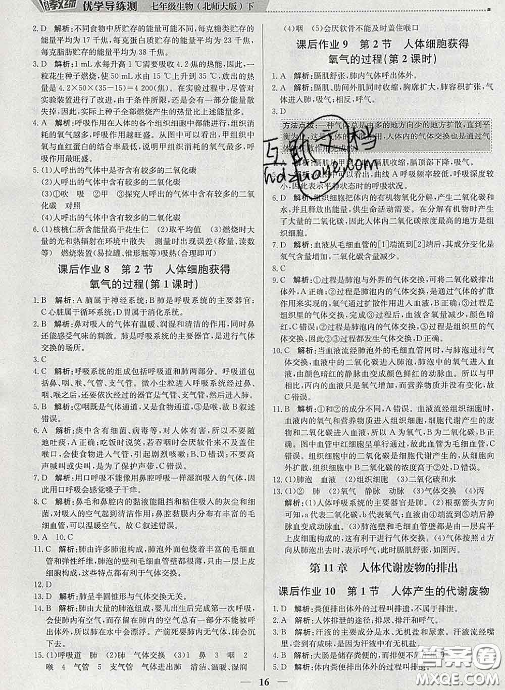 2020春提分教練優(yōu)學(xué)導(dǎo)練測(cè)七年級(jí)生物下冊(cè)北師版答案
