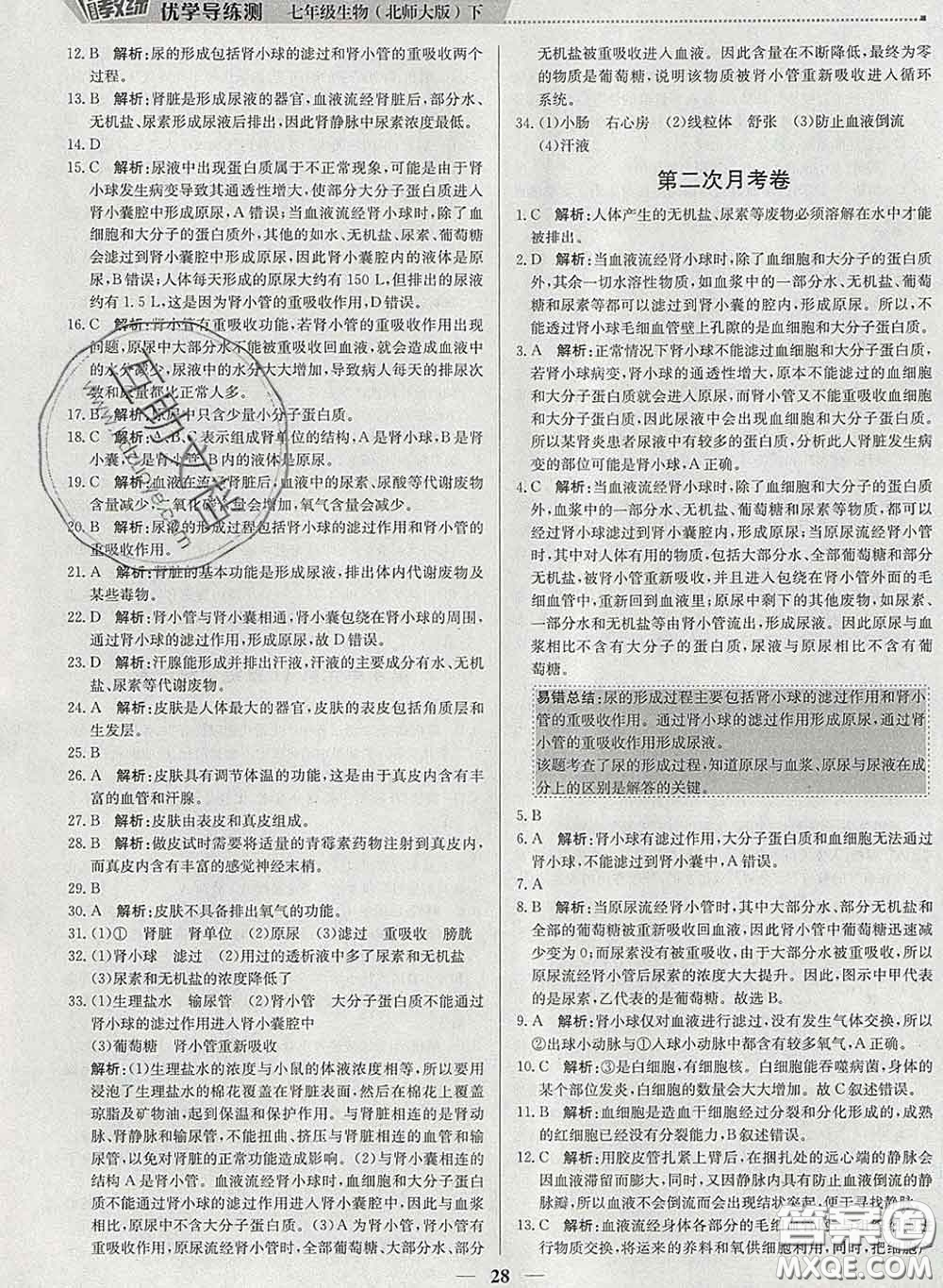 2020春提分教練優(yōu)學(xué)導(dǎo)練測(cè)七年級(jí)生物下冊(cè)北師版答案