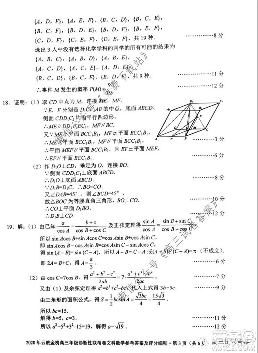 2020年云教金榜高三年級(jí)診斷性聯(lián)考卷文科數(shù)學(xué)試題及答案