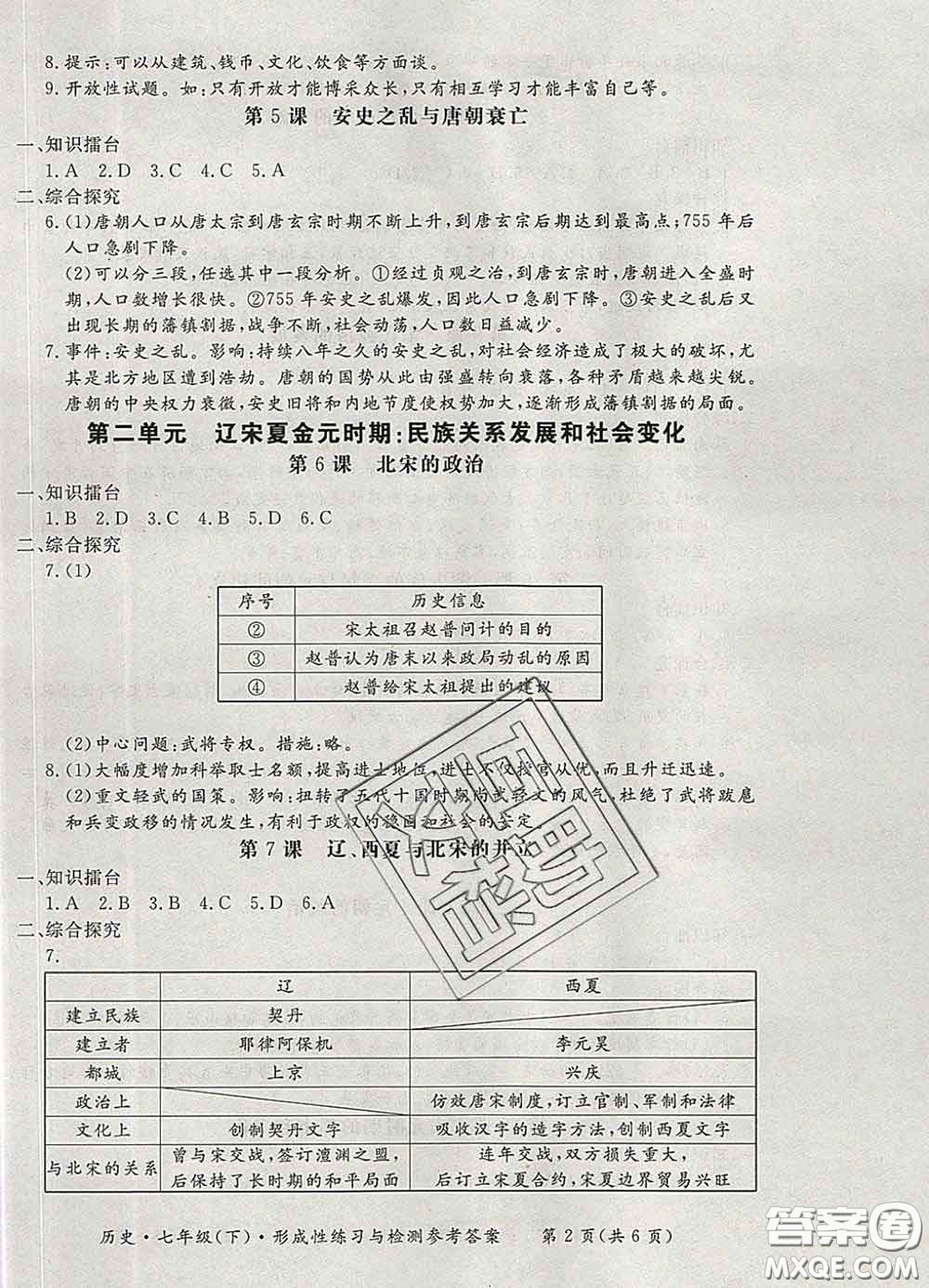 2020新版新課標(biāo)形成性練習(xí)與檢測七年級歷史下冊人教版答案