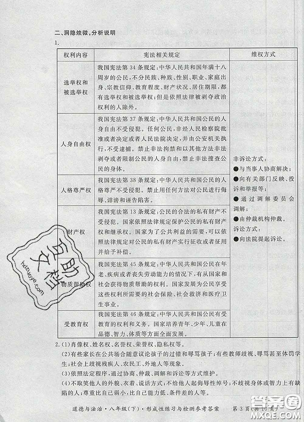 2020新版新課標(biāo)形成性練習(xí)與檢測八年級(jí)道德與法治下冊人教版答案