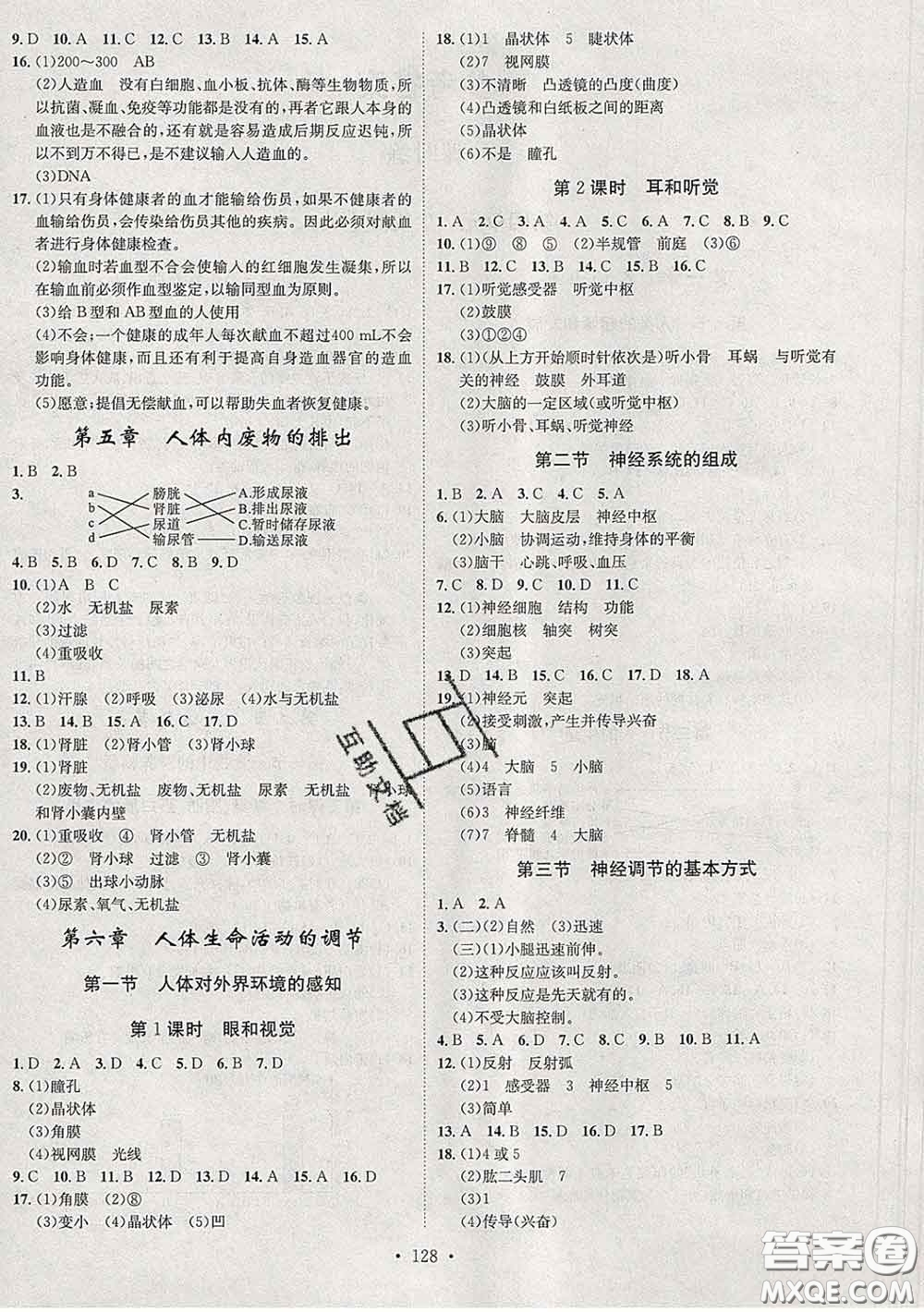2020春思路教練同步課時(shí)作業(yè)七年級(jí)生物下冊(cè)人教版答案