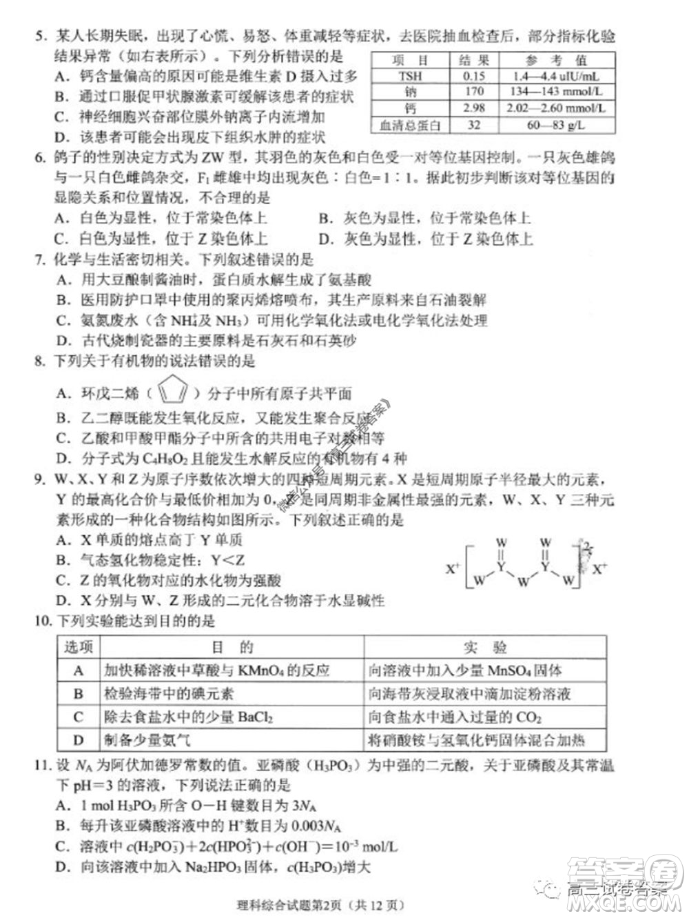 綿陽市高中2017級高考適應(yīng)性考試?yán)砜凭C合試題及答案