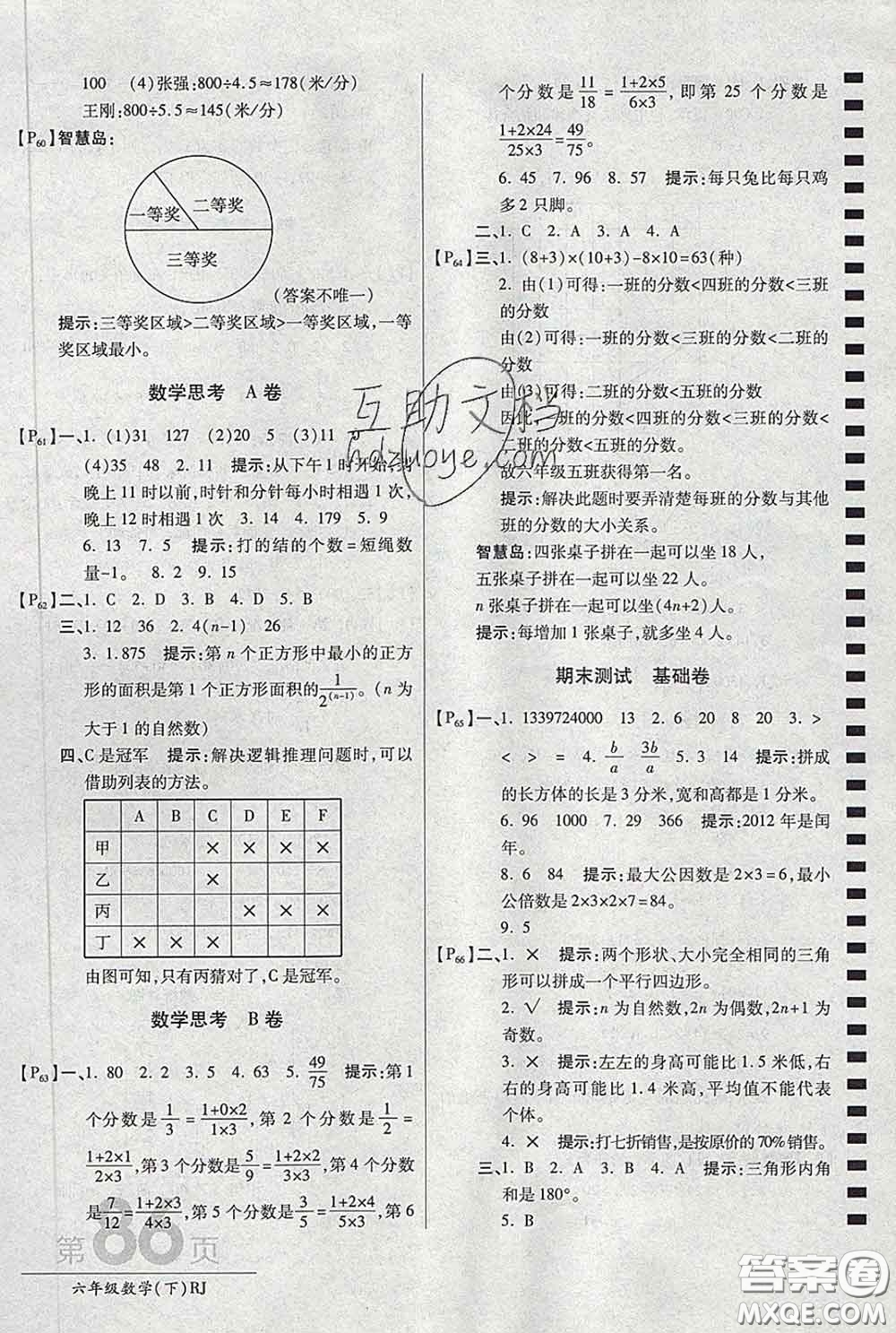 2020春新版最新AB卷小學(xué)六年級(jí)數(shù)學(xué)下冊(cè)人教版參考答案