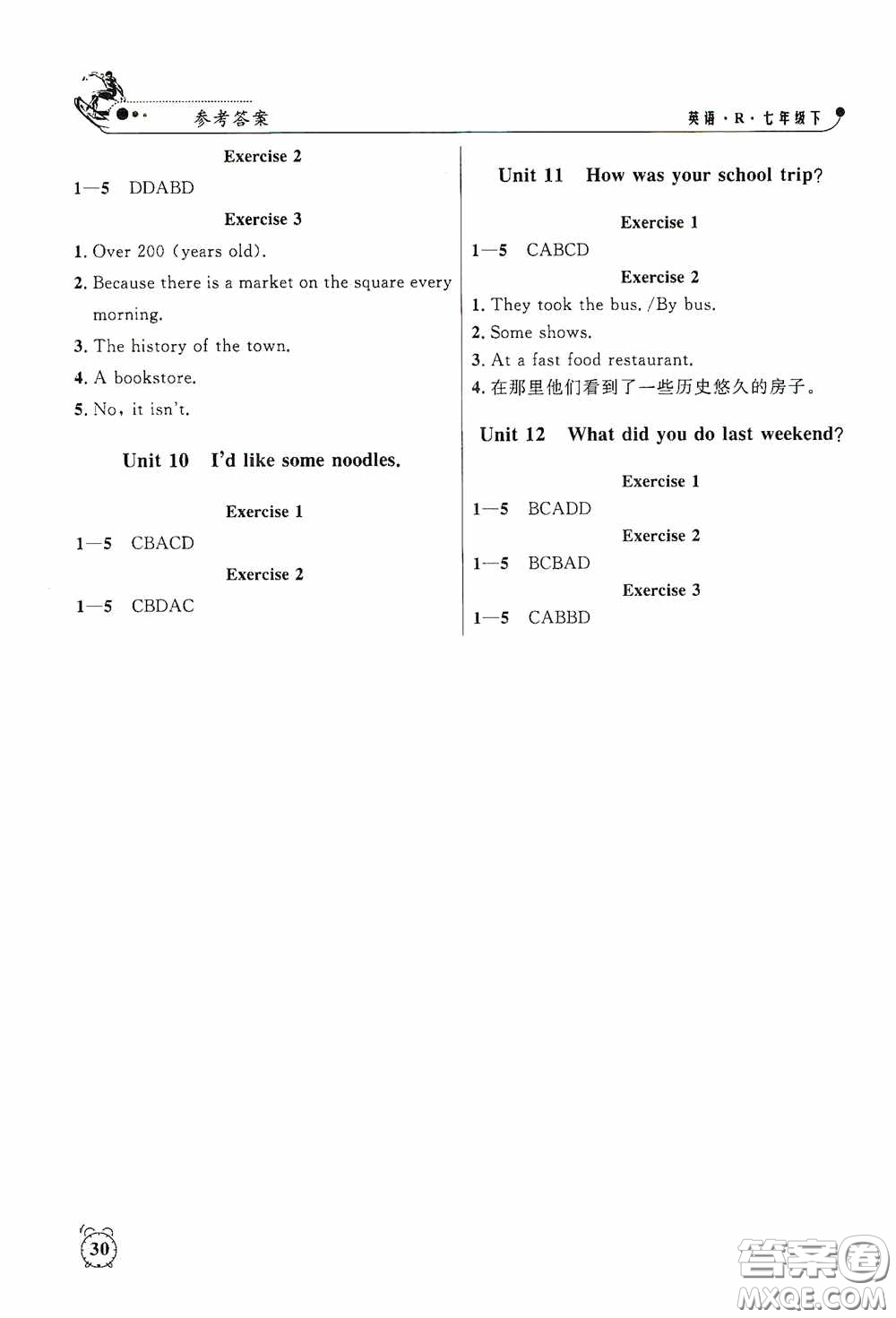 鐘書金牌2020過關沖刺100分課時作業(yè)本七年級英語下冊人教版答案