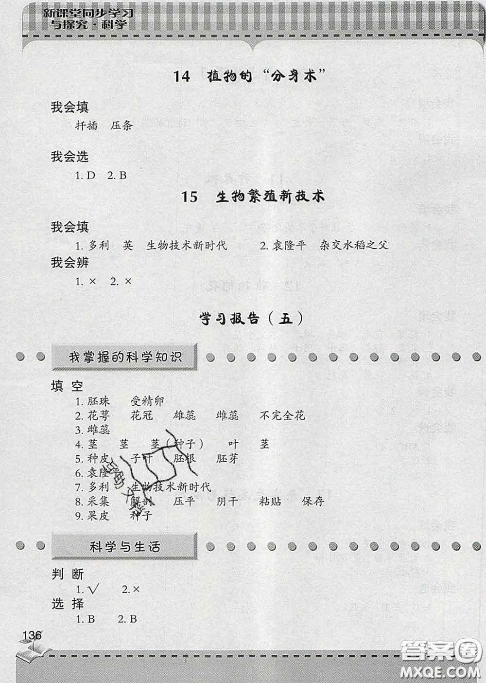 青島出版社2020春新課堂同步學習與探究五年級科學下冊答案