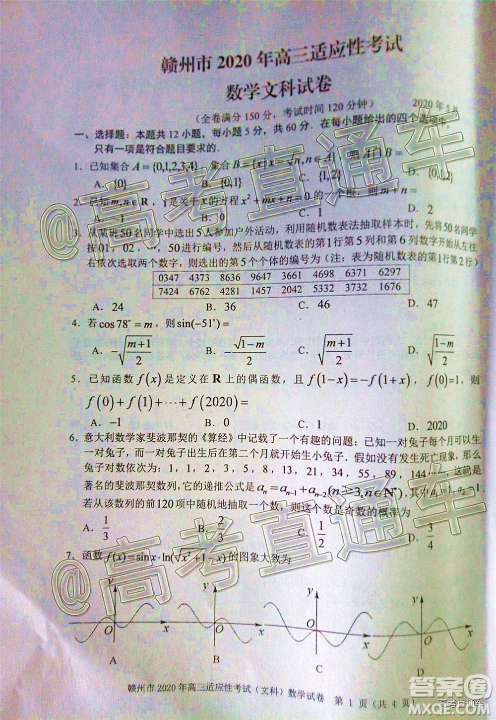 2020年5月贛州市高三年級適應(yīng)性考試文科數(shù)學(xué)試題及答案