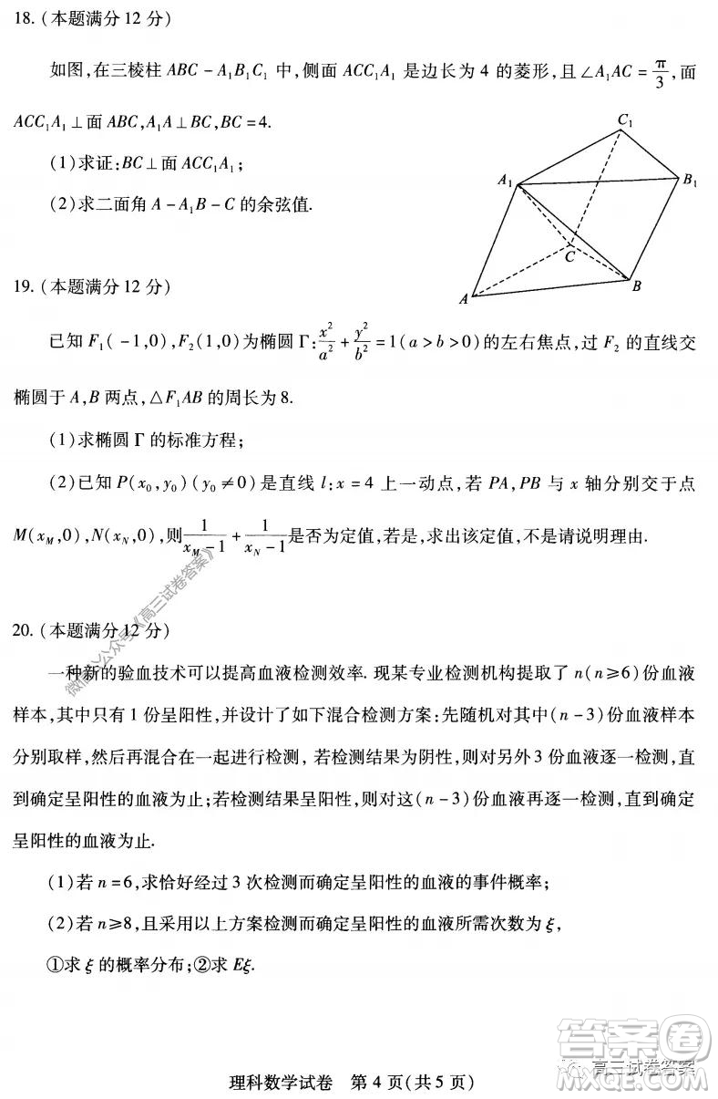 武漢市2020屆高中畢業(yè)生五月質(zhì)量檢測(cè)理科數(shù)學(xué)試題及答案