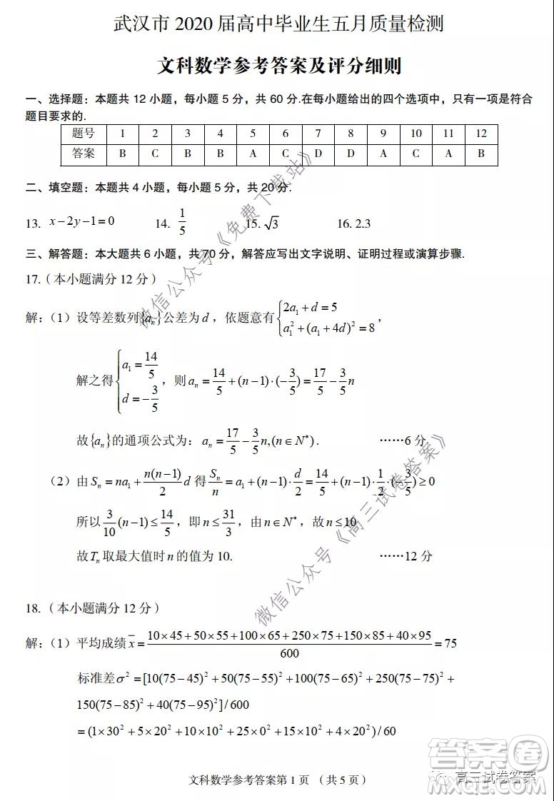 武漢市2020屆高中畢業(yè)生五月質(zhì)量檢測(cè)文科數(shù)學(xué)試題及答案