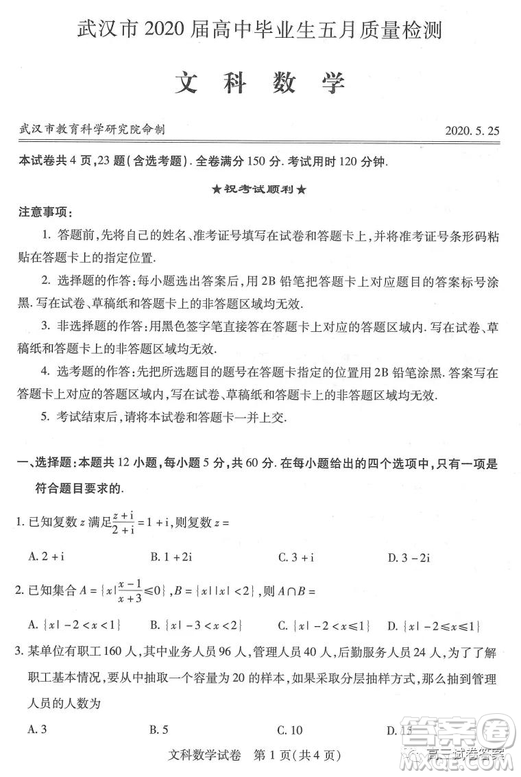 武漢市2020屆高中畢業(yè)生五月質(zhì)量檢測(cè)文科數(shù)學(xué)試題及答案