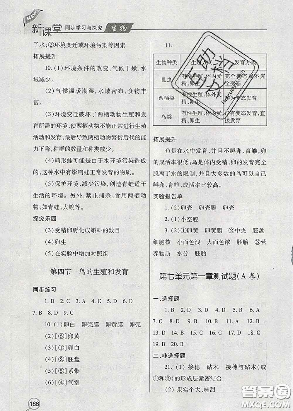 青島出版社2020春新課堂同步學(xué)習(xí)與探究八年級生物下冊答案