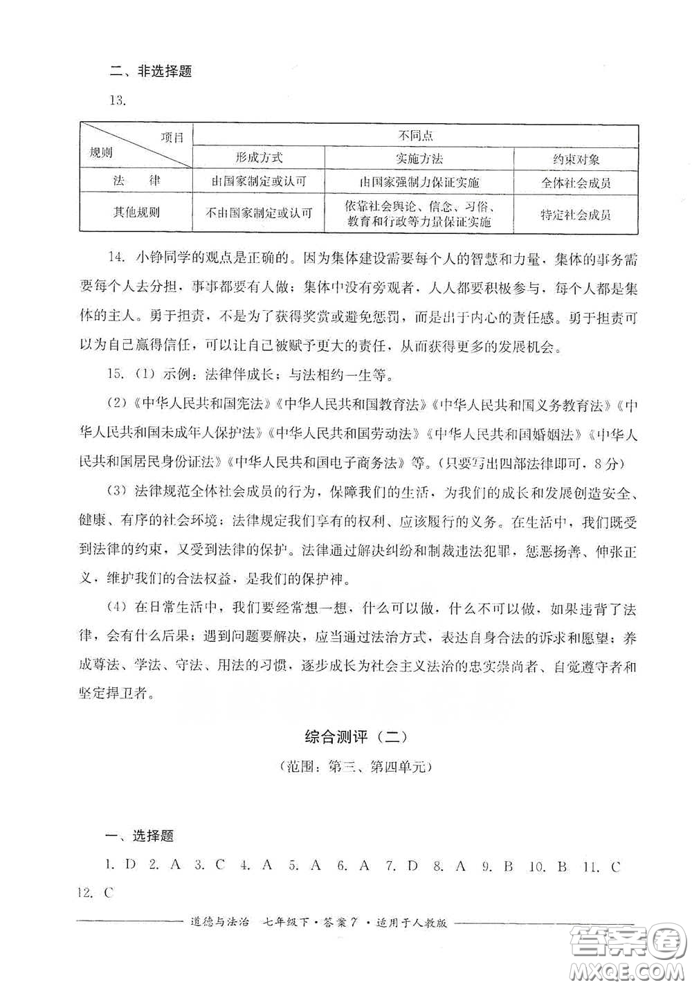 四川教育出版社2020單元測(cè)評(píng)七年級(jí)道德與法治下冊(cè)人教版答案