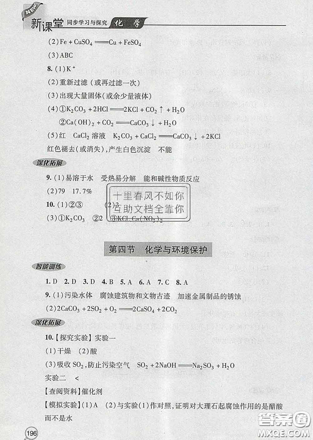 青島出版社2020春新課堂同步學習與探究九年級化學下冊答案