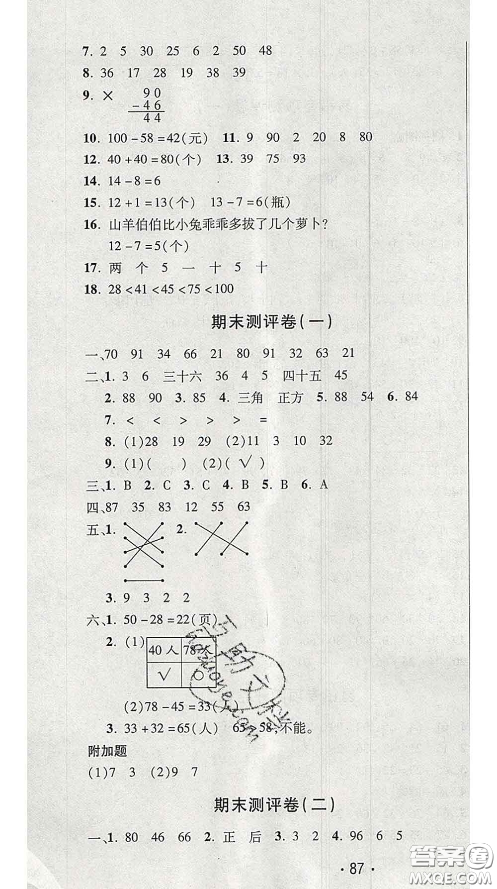 三甲文化2020新版創(chuàng)新考王完全試卷一年級數(shù)學(xué)下冊北師版答案