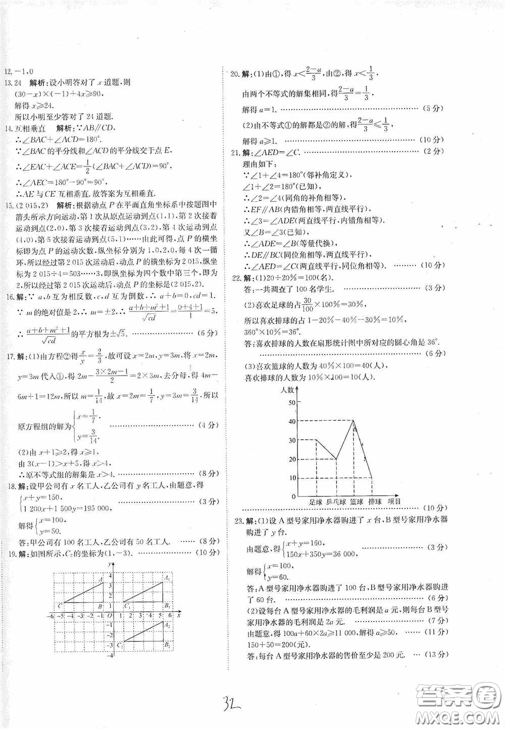 北京教育出版社2020新目標(biāo)檢測同步單元測試卷七年級數(shù)學(xué)下冊人教版答案