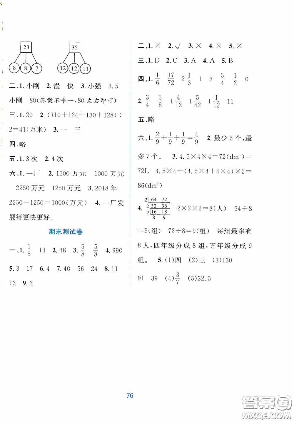 希望出版社2020全程檢測單元測試卷五年級數(shù)學下冊A版答案