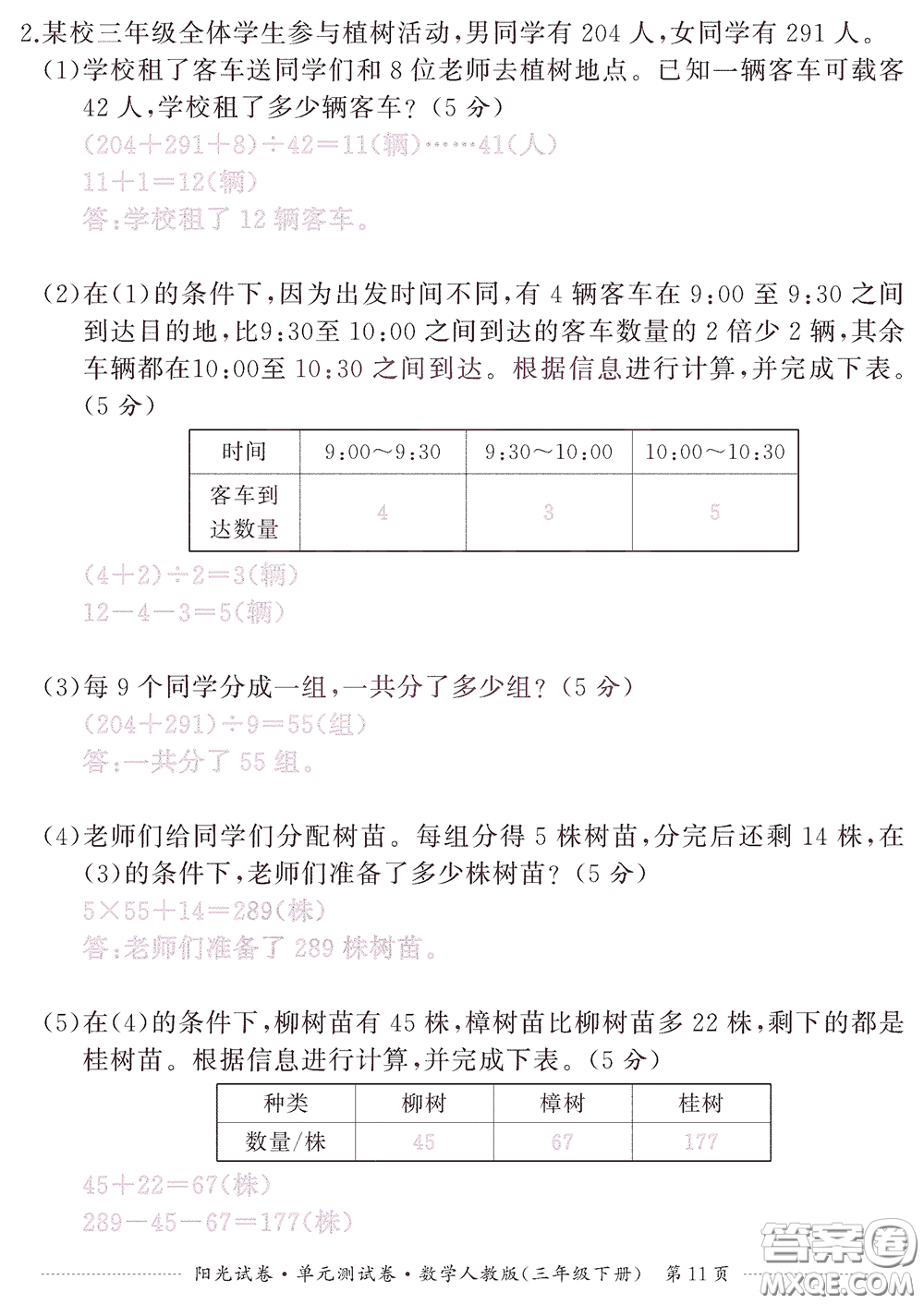 江西高校出版社2020陽光試卷單元測試卷三年級數學下冊人教版答案