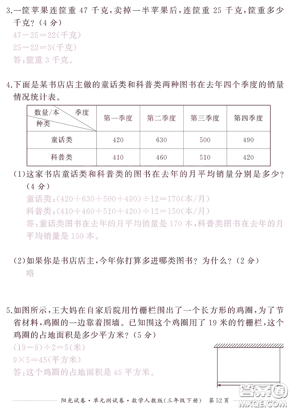 江西高校出版社2020陽光試卷單元測試卷三年級數學下冊人教版答案