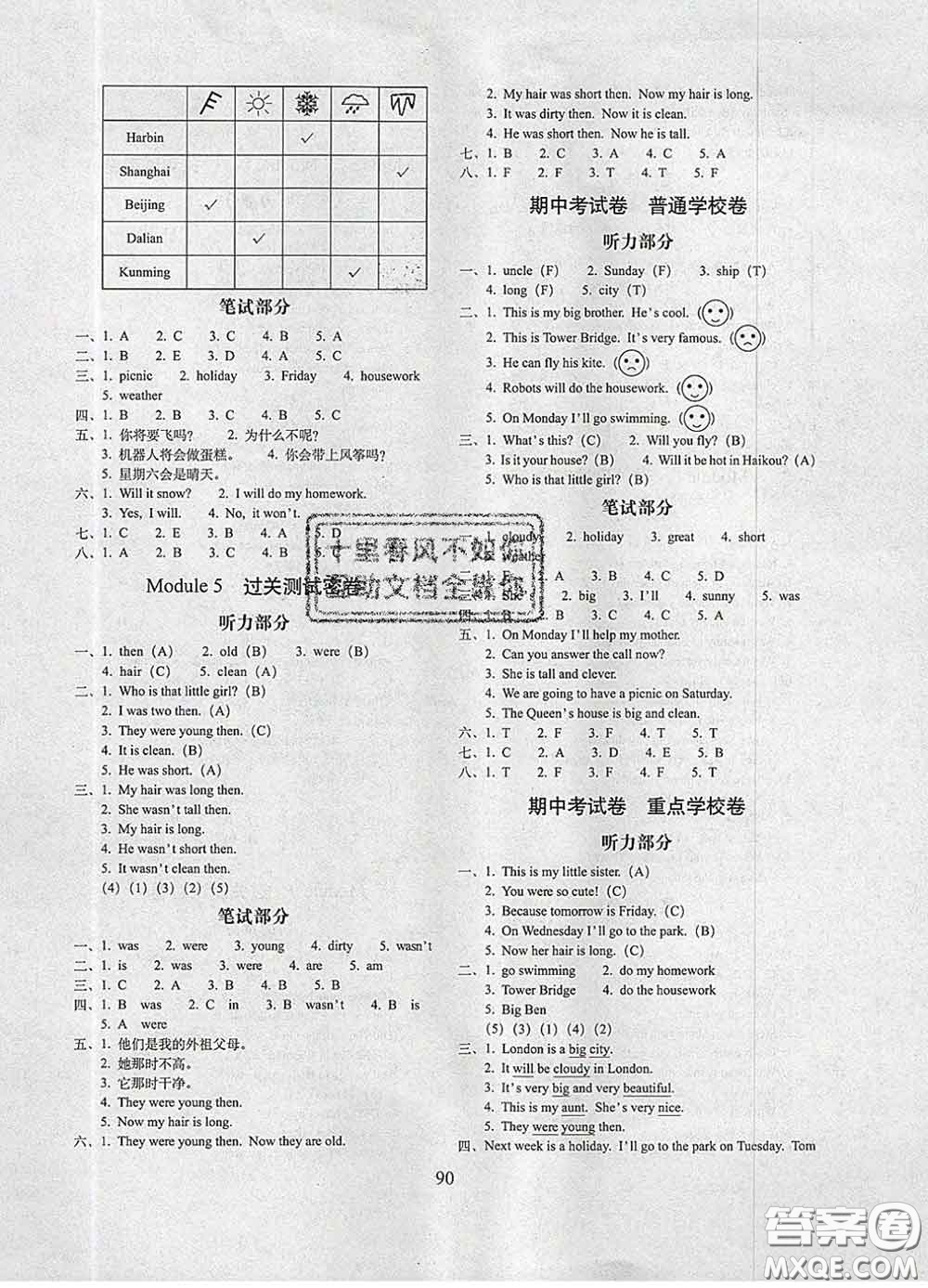 2020春期末沖刺100分完全試卷四年級英語下冊外研版三起答案