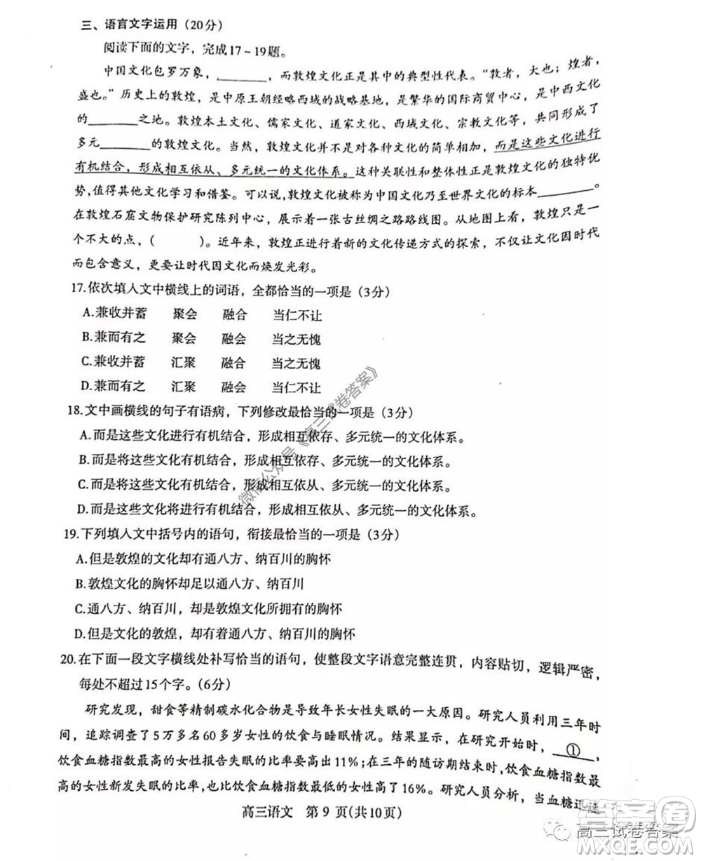 濟(jì)源平頂山許昌2020年高三第三次質(zhì)量檢測(cè)語(yǔ)文試題及答案