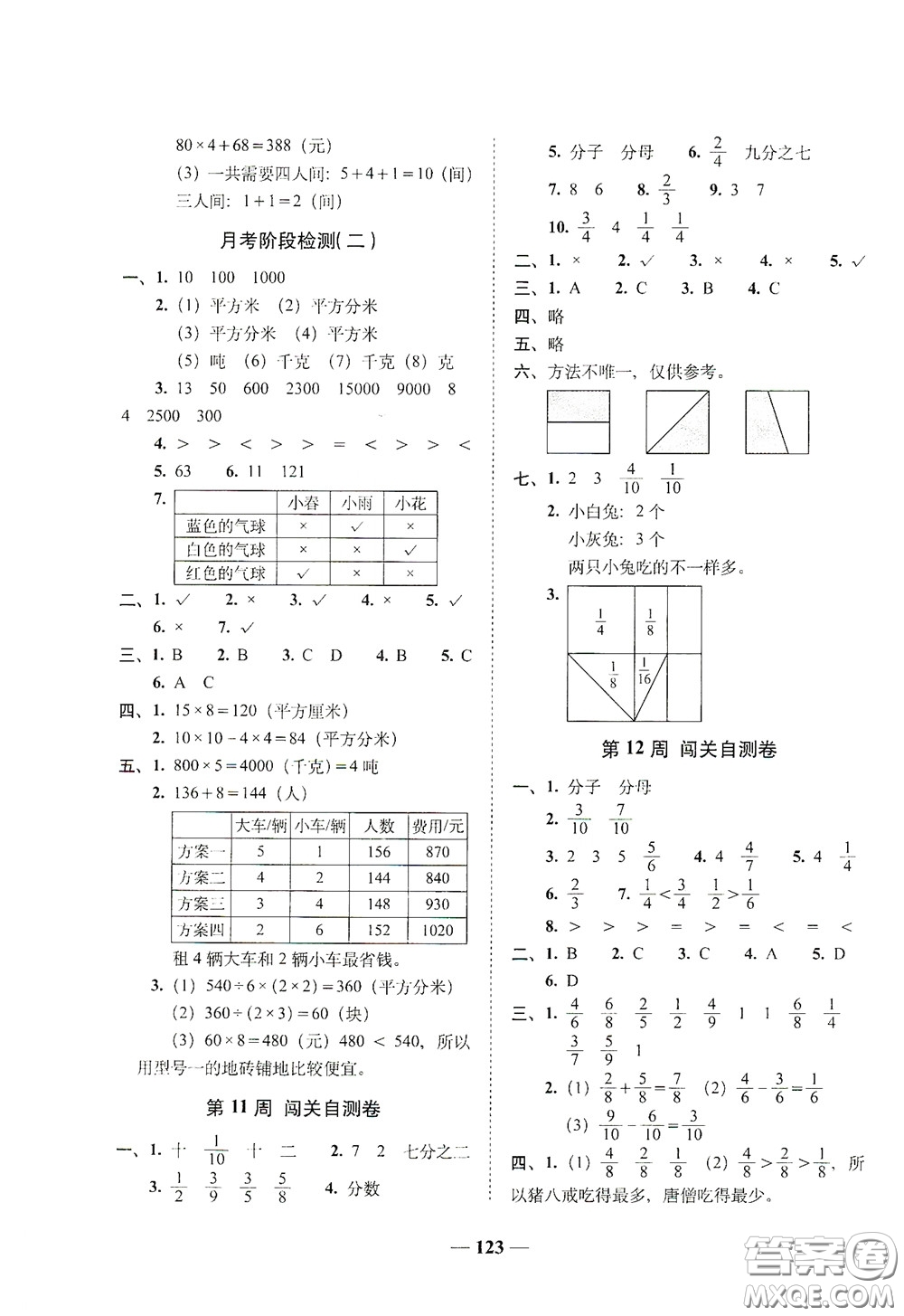 2020年A全程練考卷三年級(jí)數(shù)學(xué)下冊(cè)答案